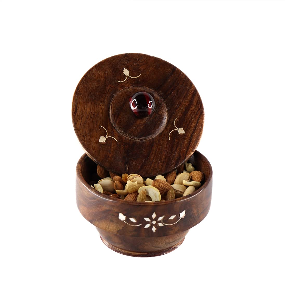 WOOD CAFE Jars Sheesham Wooden Handcrafted Box Pot Handmade White Working Serving Bowl with Lid for Dry Fruits, Serving Sweets,